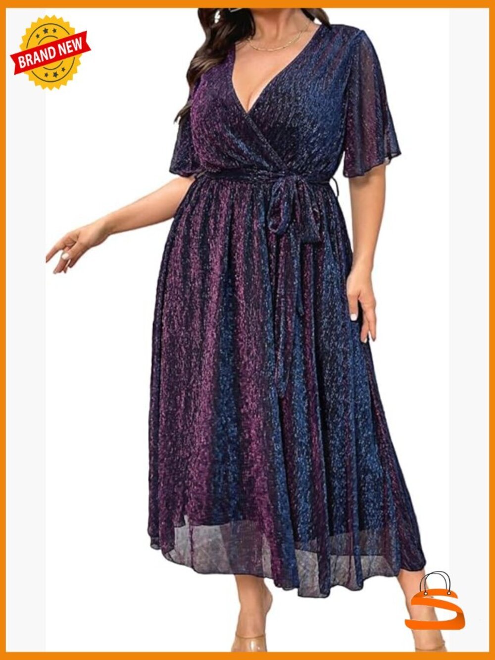 Plus Size A-Line Dress V-Neck Sheer Bell Sleeve Tea Length Party Cocktail Dress